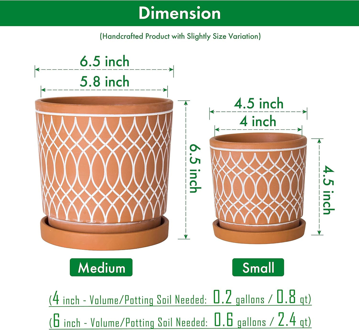 D'vine Dev Set of 2 Terracotta Pots, 4 Inch and 6 Inch, Planter Pots for Plants with Drainage Holes and Saucers, Terracotta/White, 31-958-C-1