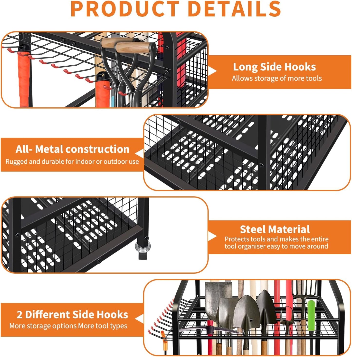 Garden Tool Organizer, Yard Tool Organizer with Wheels, Metal Yard Tools Storage, Heavy Duty Garden Tool Organizer for Garage, Partitioned Tool Organizer and Storage for Garage, Tool Stand, Outdoor