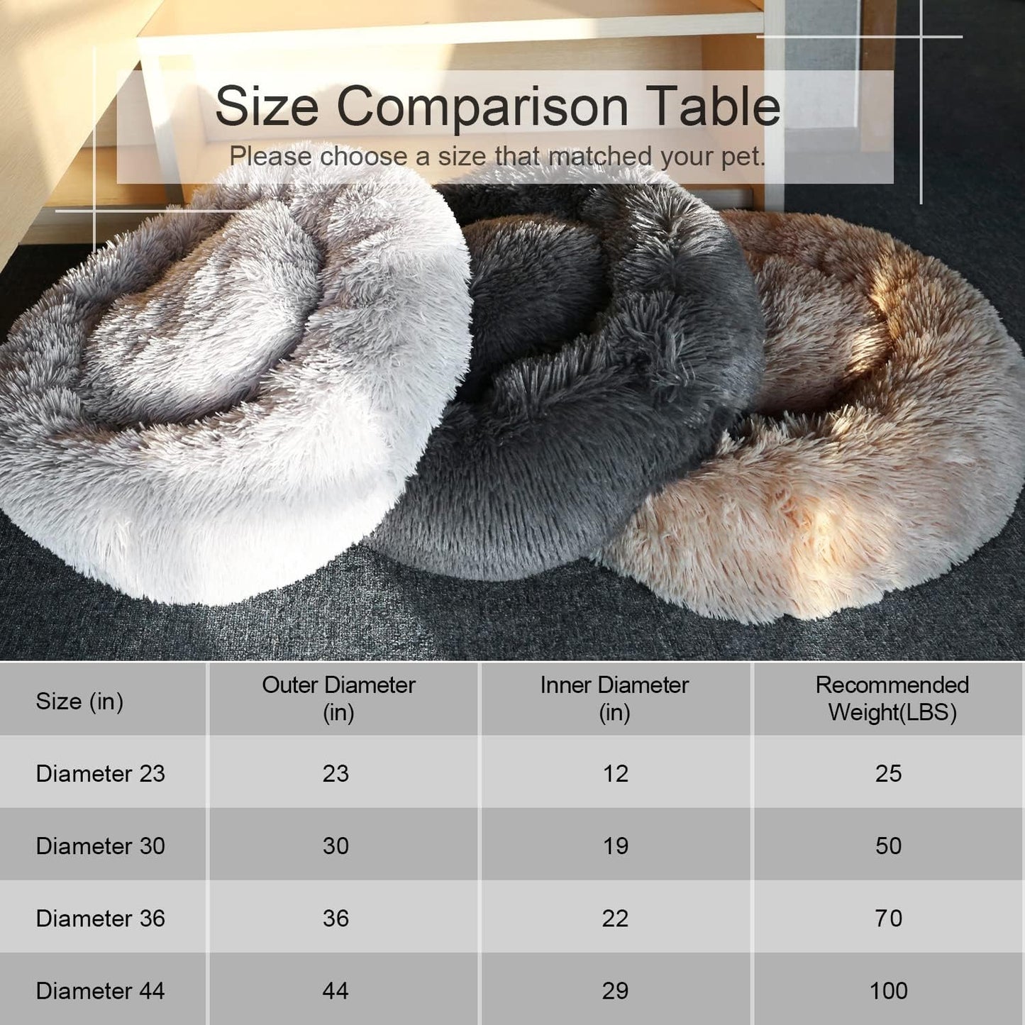 Dog Bed, Cat Calming Bed, Faux Fur Pillow Pet Donut Cuddler Round Plus