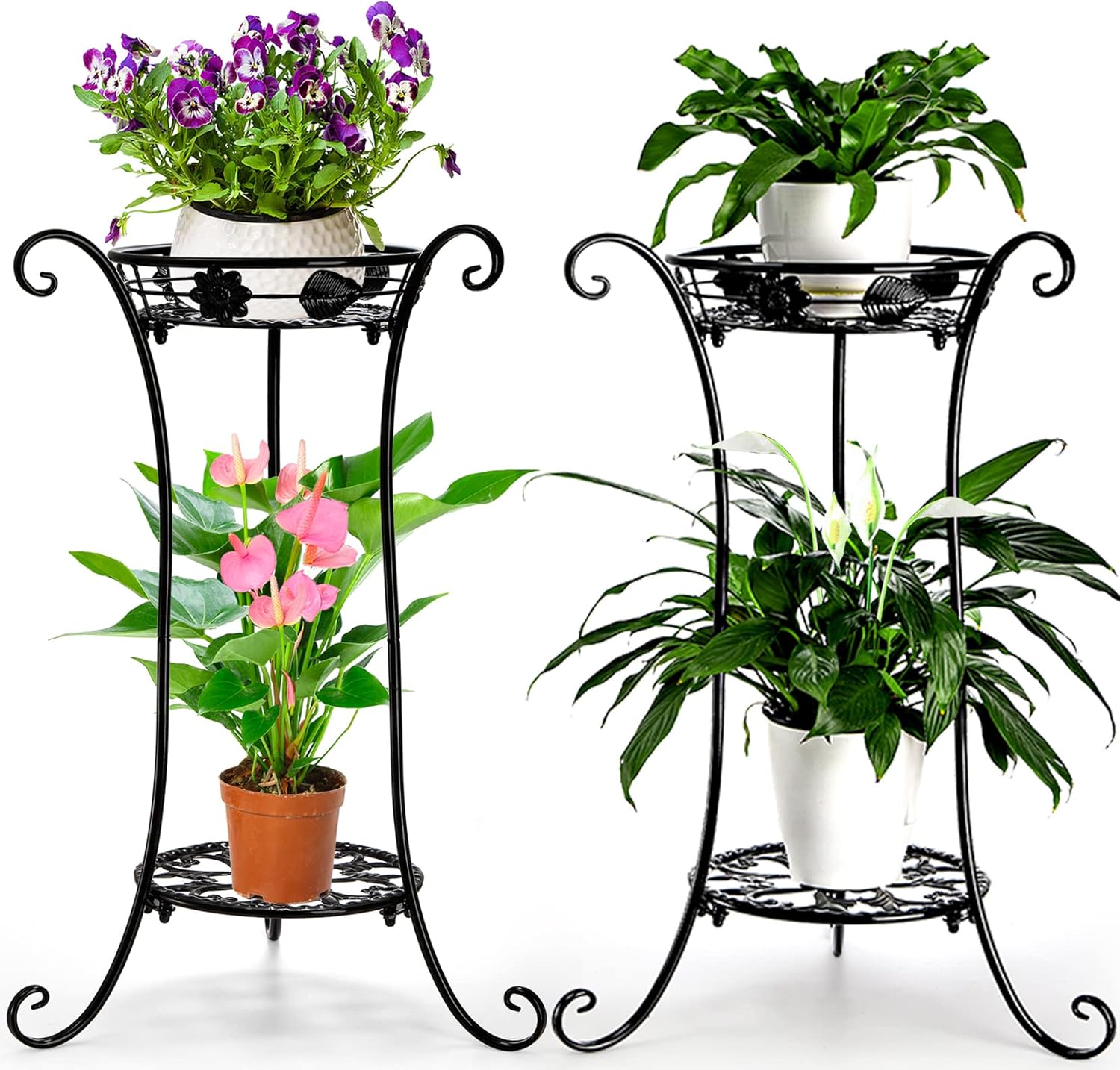 Yesland 2 Pcs Metal Plant Stand Indoor Outdoor, 2 Tier Black Iron Flow