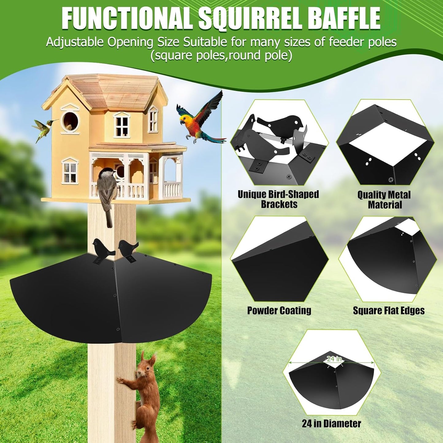 Metal Squirrel Baffle, 24 Inch Squirrel Guard for Bird Feeder Pole Or Shepherd's Hooks, Adjustable Opening Size for 4x4 Post Wooden or 0.7-1.5 Inch Round Pole, Hanging Squirrel Baffles