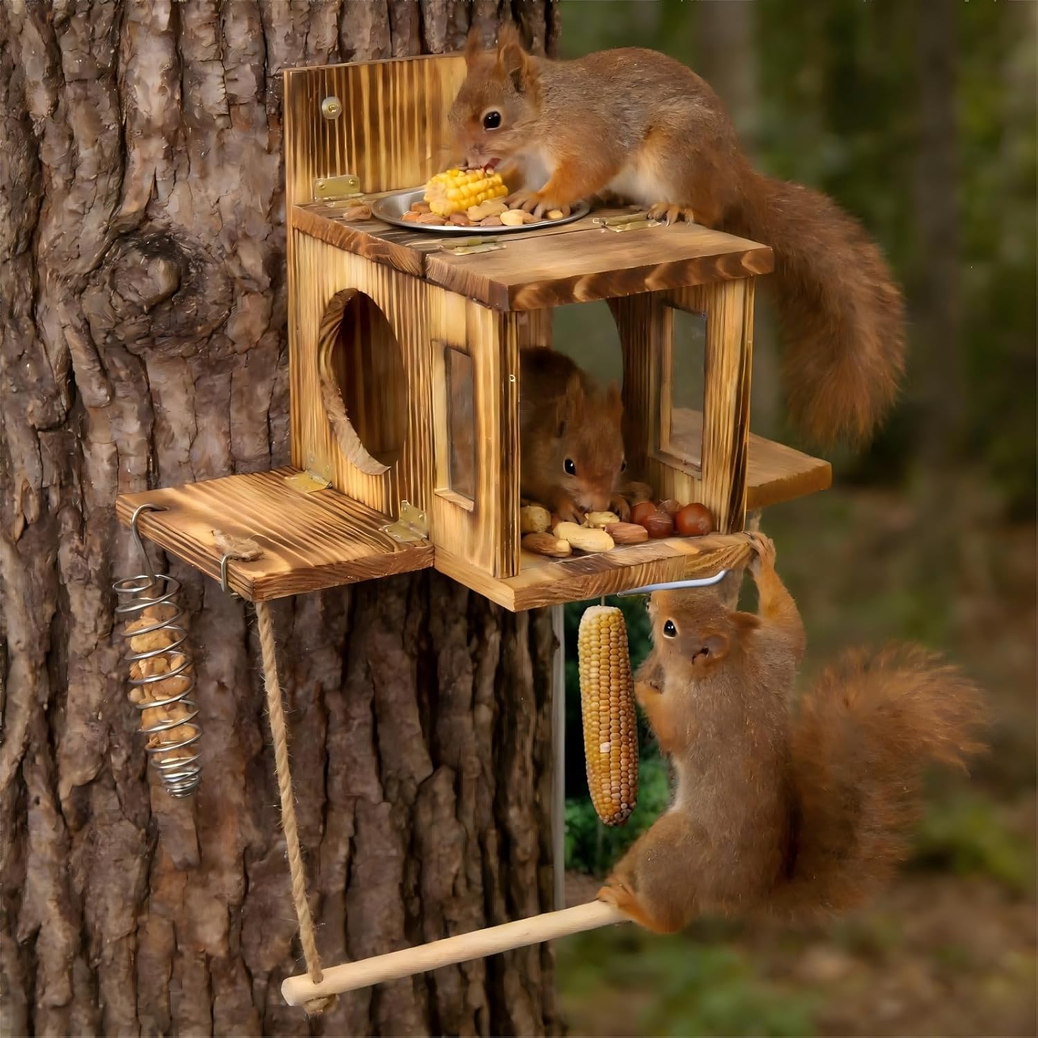 Squirrel House for Outside with Food Storage Box, Wooden Squirrels Nes