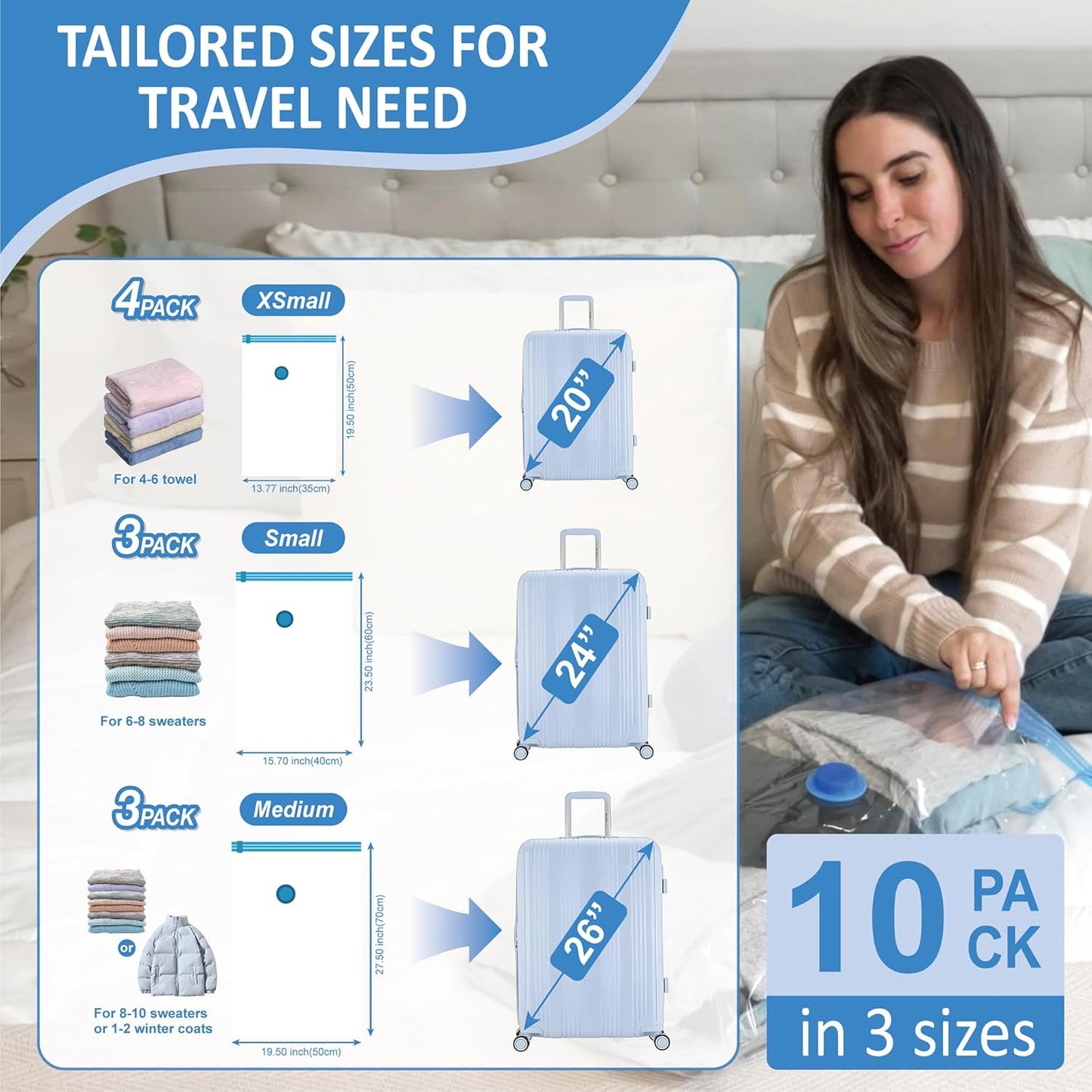 Cozy Essential Travel Vacuum Storage Bags with Rechargeable Cordless Electric Pump, Space Saver Bags for Luggage, Suitcase, Carry-On, for Clothes, Blankets, Comforters, Pillows, 10 Combo