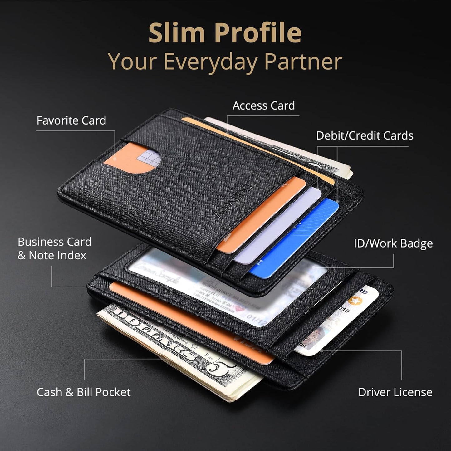 Buffway Slim Minimalist Front Pocket RFID Blocking Leather Wallets for