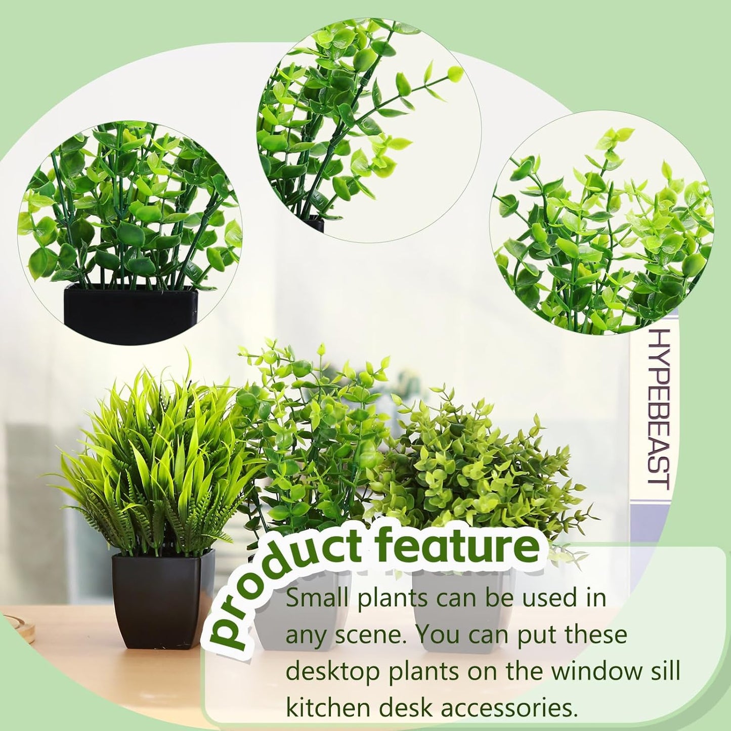 GREENTIME Artificial Potted Plants Set of 3 Mini Fake Plant 3 Pack Small Eucalyptus Black Potted Wheat Grass Faux Greenery for Home Office Desk Bathroom Shelf Bedroom Indoor Decorations