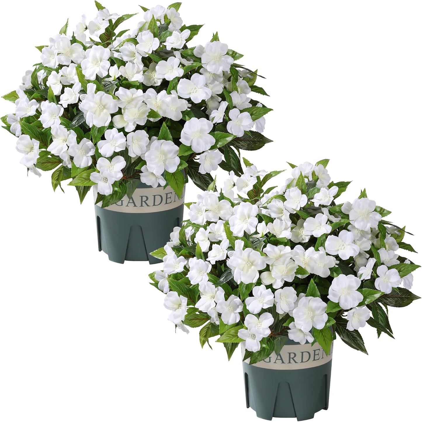 12 Bundles Artificial Impatiens Flowers for Outdoors 20'' Fake Potted Flower 2 Set Quality UV Resistant Realistic Silk Faux Flowers for Outside Balcony Garden Window Box, White