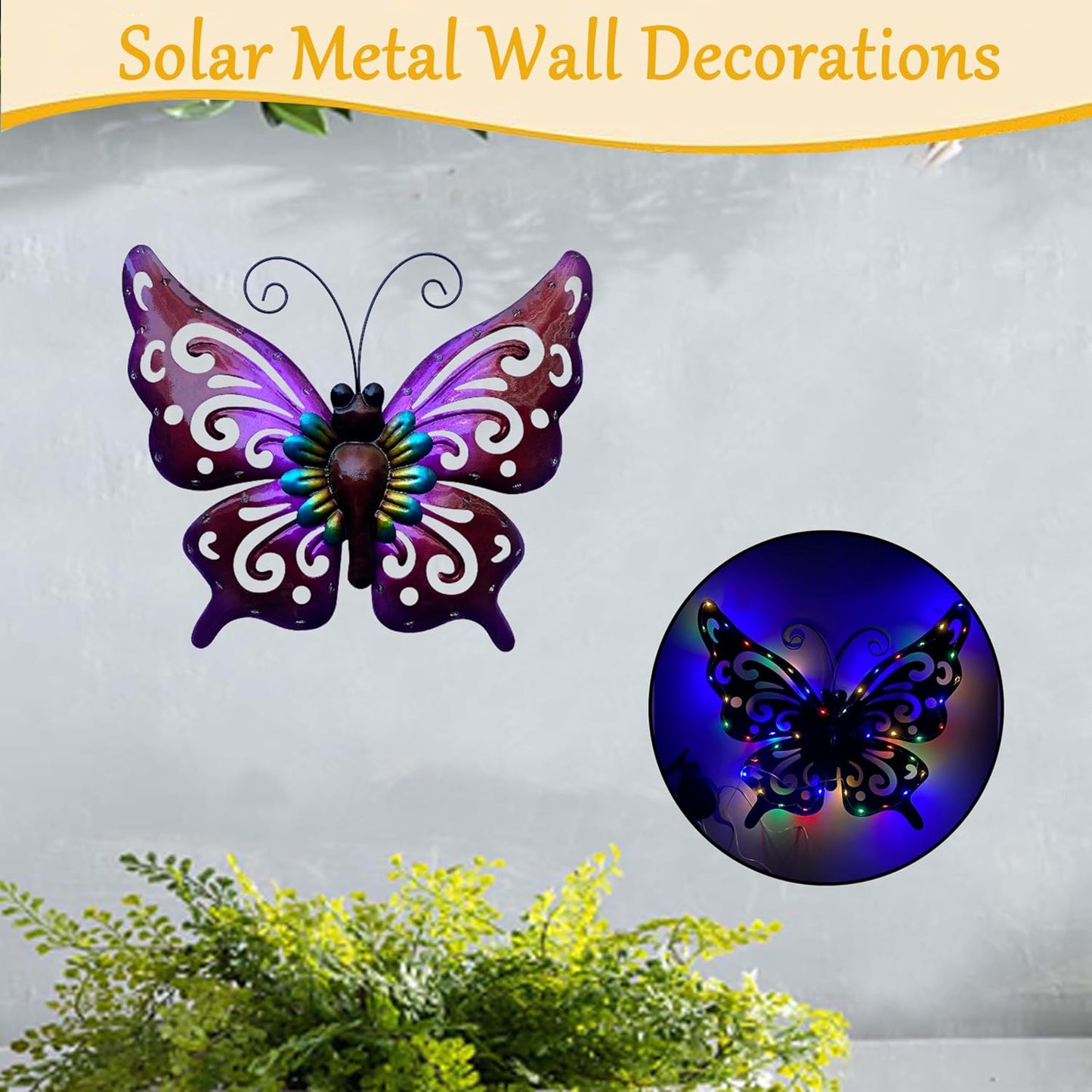 WAIU Solar LED Butterfly Lights, Metal Hanging Wall Art Decor, Waterproof Outdoor Decoration for Patio Garden Yard Fence, Valentine Gifts