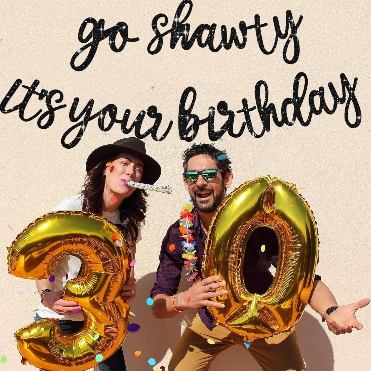 BEISHIDA Go Shawty It's Your Birthday Banner NO DIY Hip Hop Theme Happy Birthday Banner Pre-Strung Rap Theme Happy Birthday Sign for Man Women birthday Party Supply Glitter Black