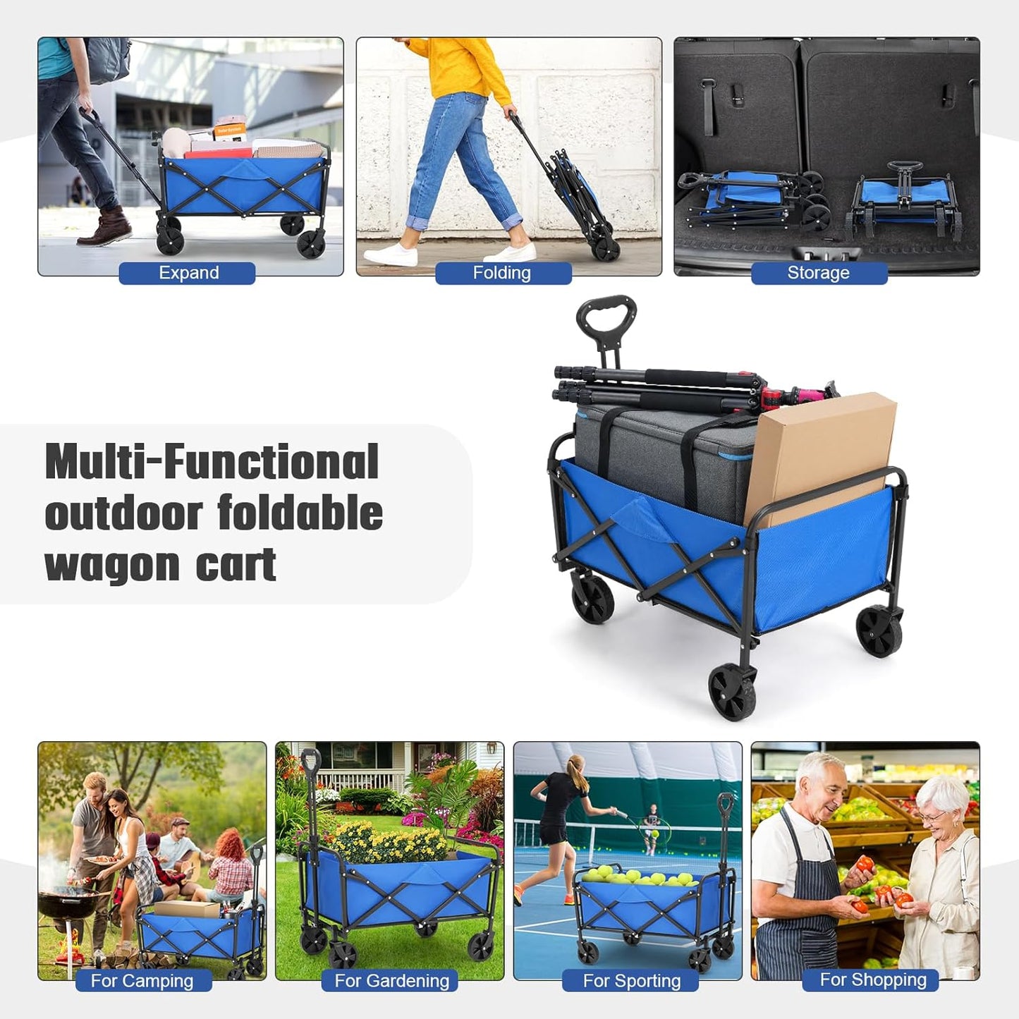 Collapsible Foldable Wagon,Wagons Carts Foldable with Wheels,Utility Grocery Folding Beach Wagon for Sand Garden Sports Shopping Outdoor(Lake Blue).