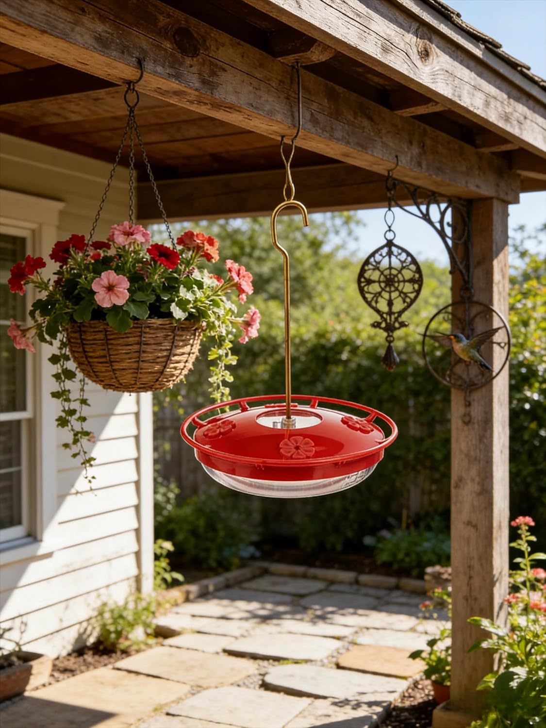Watch Hummingbirds Up Close, 12 oz Hanging Hummingbird Feeder, Easy Fill and Clean, Leak-Proof Design for Outdoors, 9.4 Inches Tall，5 Flower-Shaped Feeding Ports and Perches