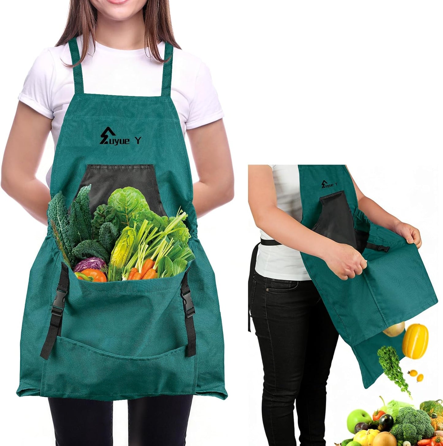 Garden Apron, Gardening Apron with Pockets for Women Men, Canvas Cross Back Harvest Aprons with & Internal Drawstring Bag