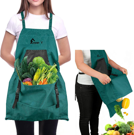 Garden Apron, Gardening Apron with Pockets for Women Men, Canvas Cross Back Harvest Aprons with & Internal Drawstring Bag