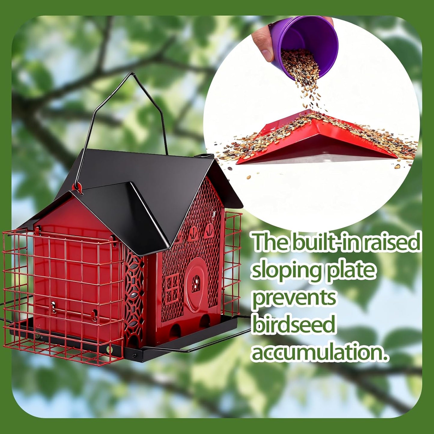 Outdoor Hanging Bird Feeder Large Capacity Durable and Sturdy Decorative Metal Bird Feeder Green and Black Two-Tone Waterproof Design with Sloped Tray Easy-Fill Wild Bird House (Red)