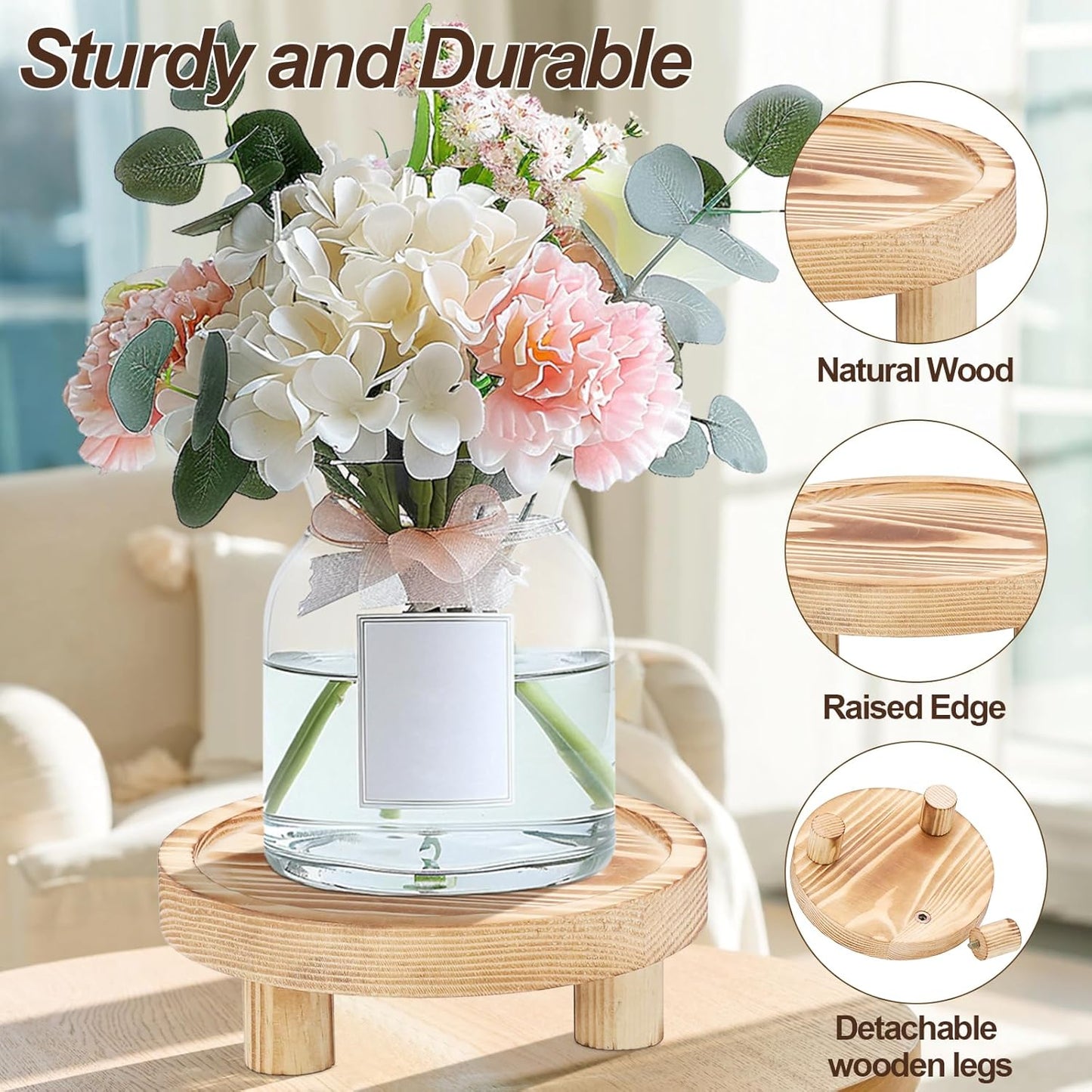3 Pcs Wooden Risers for Display, Round Wood Riser Plant Stand 5/6/8" Pedestal Stand, Flower Pot Holder Small Planter Tray for Kitchen Home Décor (Light Brown)