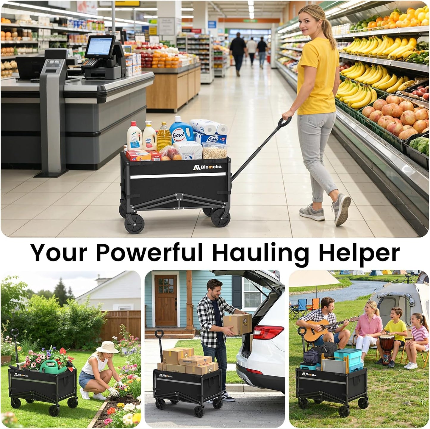 Collapsible Wagon Cart, Flexible Handle, Portable Collapsible Wagon wi