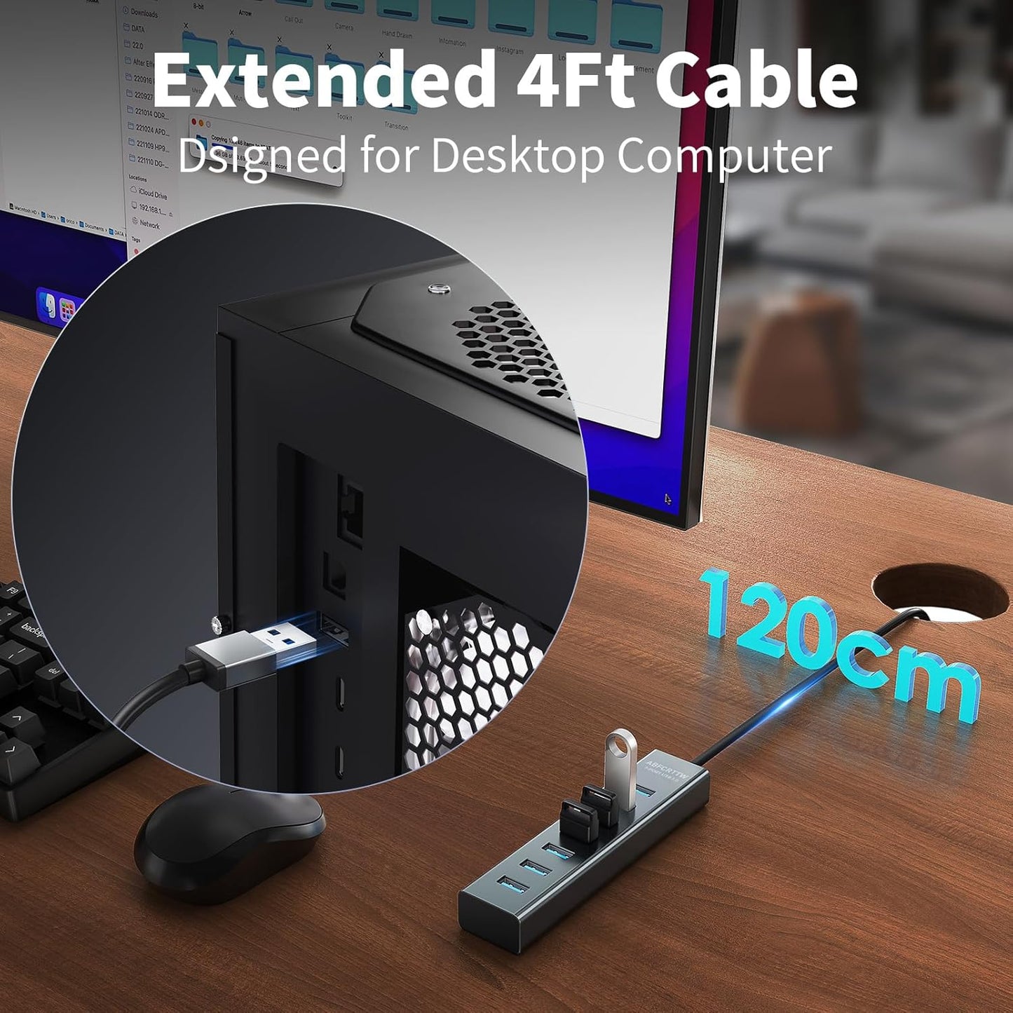 4Ft 7-Port USB 3.0 Hub for Desktop - Aluminium USB Extender Hub 5Gbps,