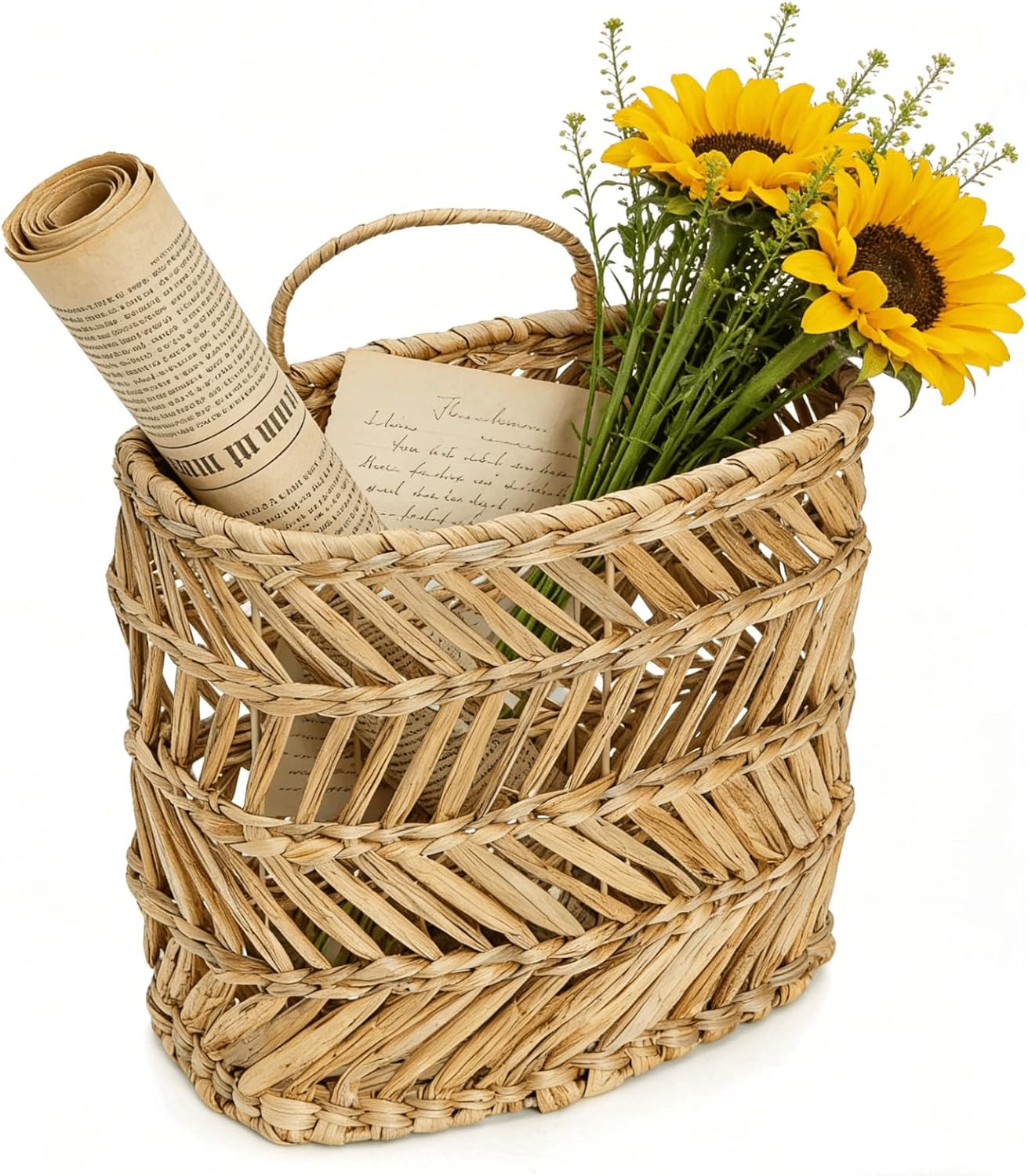 YOUEON Large Woven Hanging Storage Basket, 12x5x14 Inch Natural Water Hyacinth Wall Basket with Sturdy Iron Frame, Handwoven Front Door Flower Baskets for Home Garden, Boho Decor