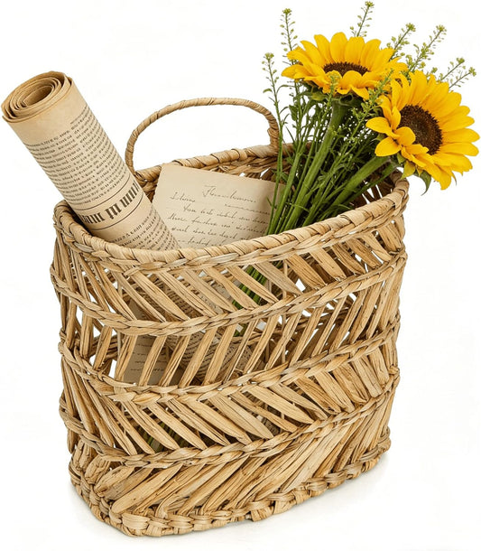 YOUEON Large Woven Hanging Storage Basket, 12x5x14 Inch Natural Water Hyacinth Wall Basket with Sturdy Iron Frame, Handwoven Front Door Flower Baskets for Home Garden, Boho Decor