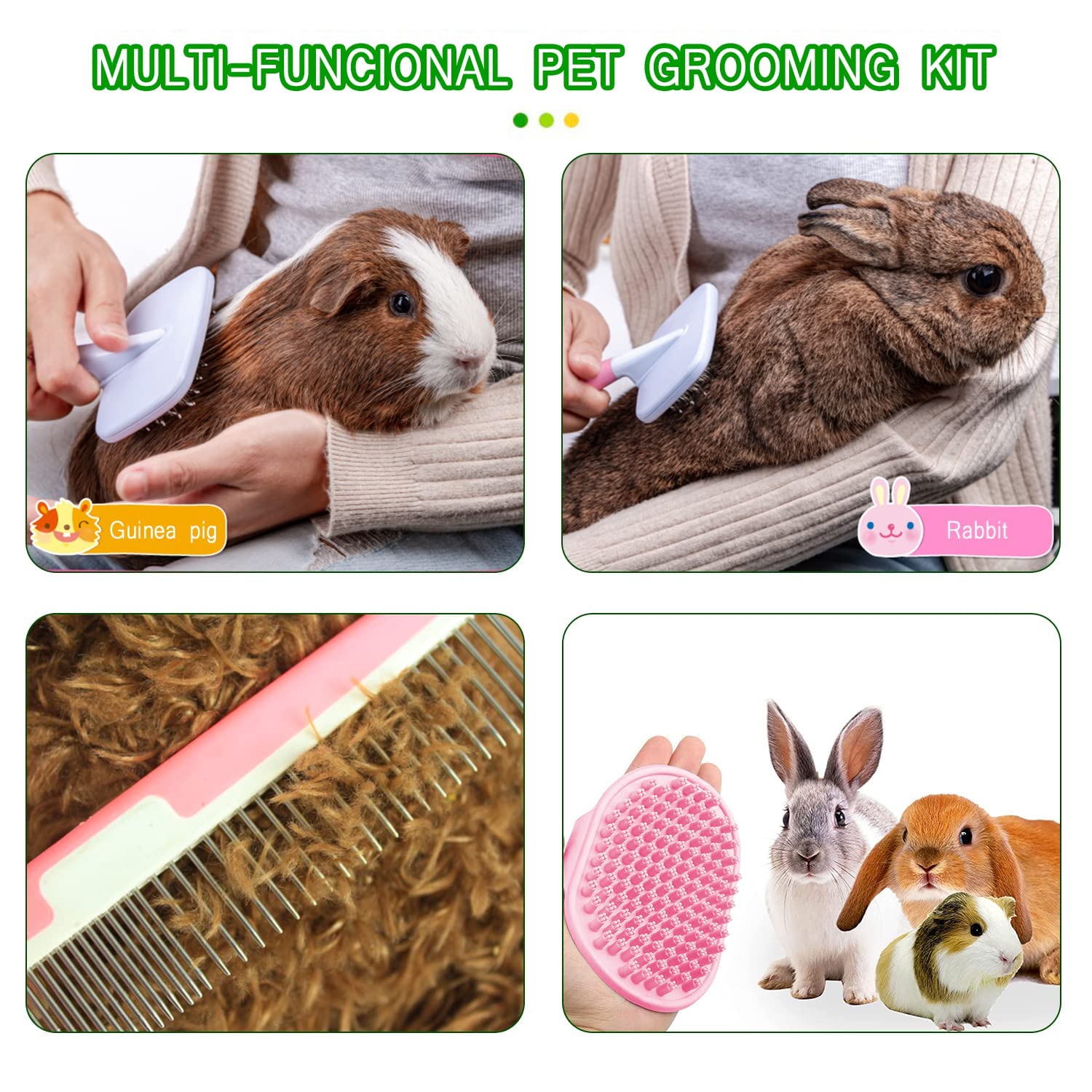Small Animal Pet Grooming Kit with Pet Shedding Slicker Brush, Bath Ma
