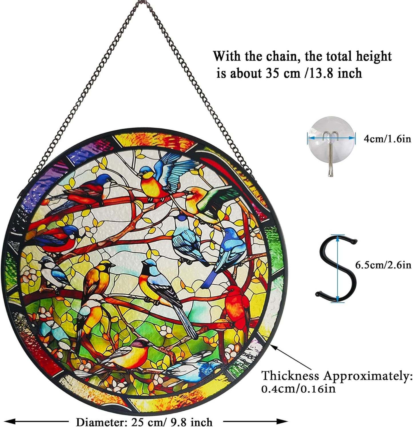 Birds Stained Glass Window Hanging, 9.8'' Birds on Branch Suncatcher for Windows Hanging Wall Art Home Garden Office Decor Christmas Birthday Gifts