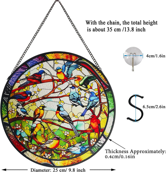 Birds Stained Glass Window Hanging, 9.8'' Birds on Branch Suncatcher for Windows Hanging Wall Art Home Garden Office Decor Christmas Birthday Gifts
