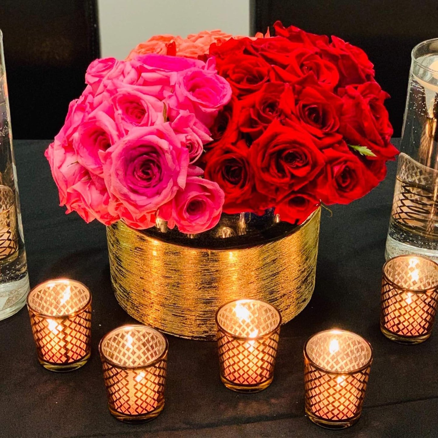 WGV Gold Etched Ceramic Cylinder Vase Width 8" Height 4" Elegant Modern Floral Container Planter Pot Centerpiece for Event Wedding Home Decor, Gold Textured 1 Piece