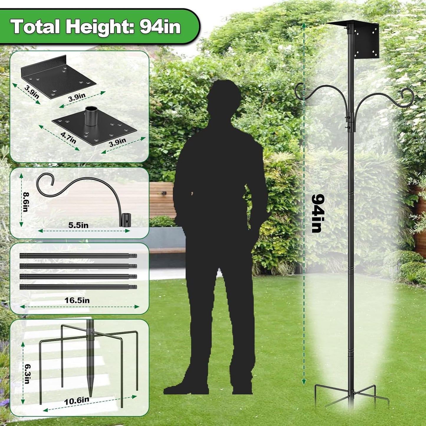 Bird Feeder Pole Kit,94 Inch Bluebird House Pole for Garden Backyard Patio Outdoors Heavy Duty,Adjustable Bird Feeder Stand,Metal Mounting Kit with Shepherd's Hook