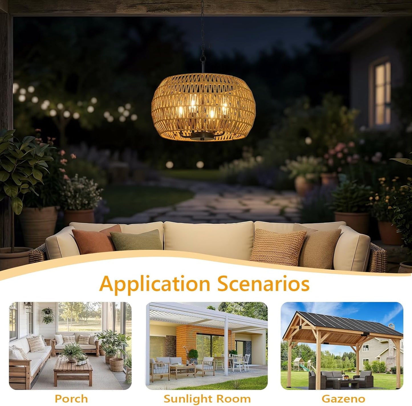 Solar Lights Outdoor Chandelier with Remote & Dimmable LED Bulb, Rattan Solar Powered Outdoor Lights for Patio, Indoor Boho Hanging Pendant Light Fixture, Garden Lights for Porch Gazebo Patio Yard