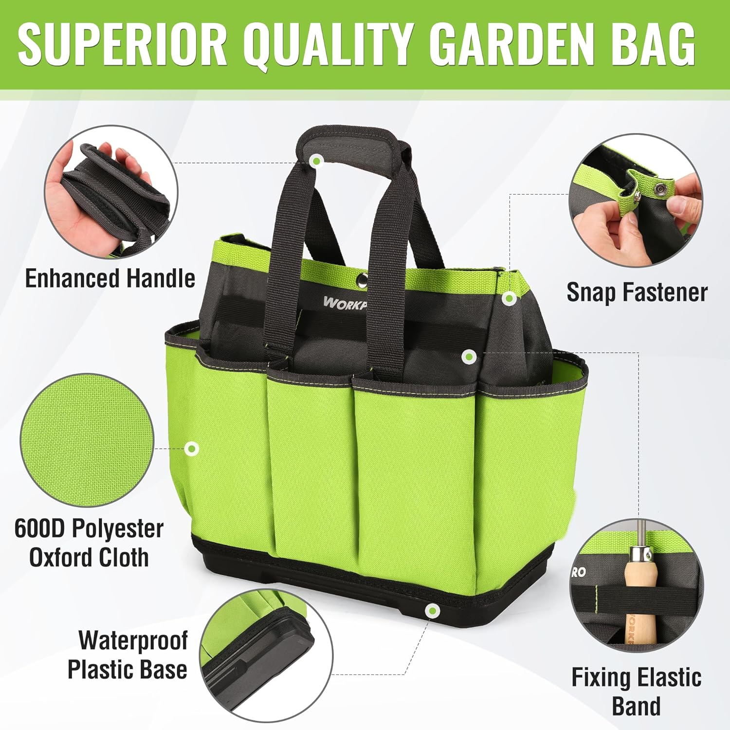 WORKPRO Garden Tool Bag with Waterproof Plastic Base, 8 Pockets Garden
