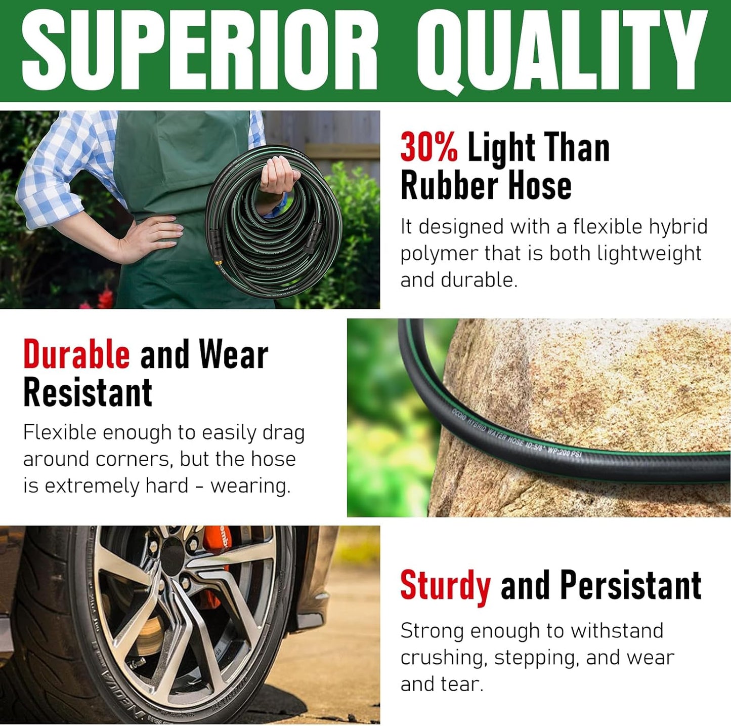 Heavy Duty Garden Hose 25ft, NON-EXPANDABLE Flexible Water Hose, Kink 