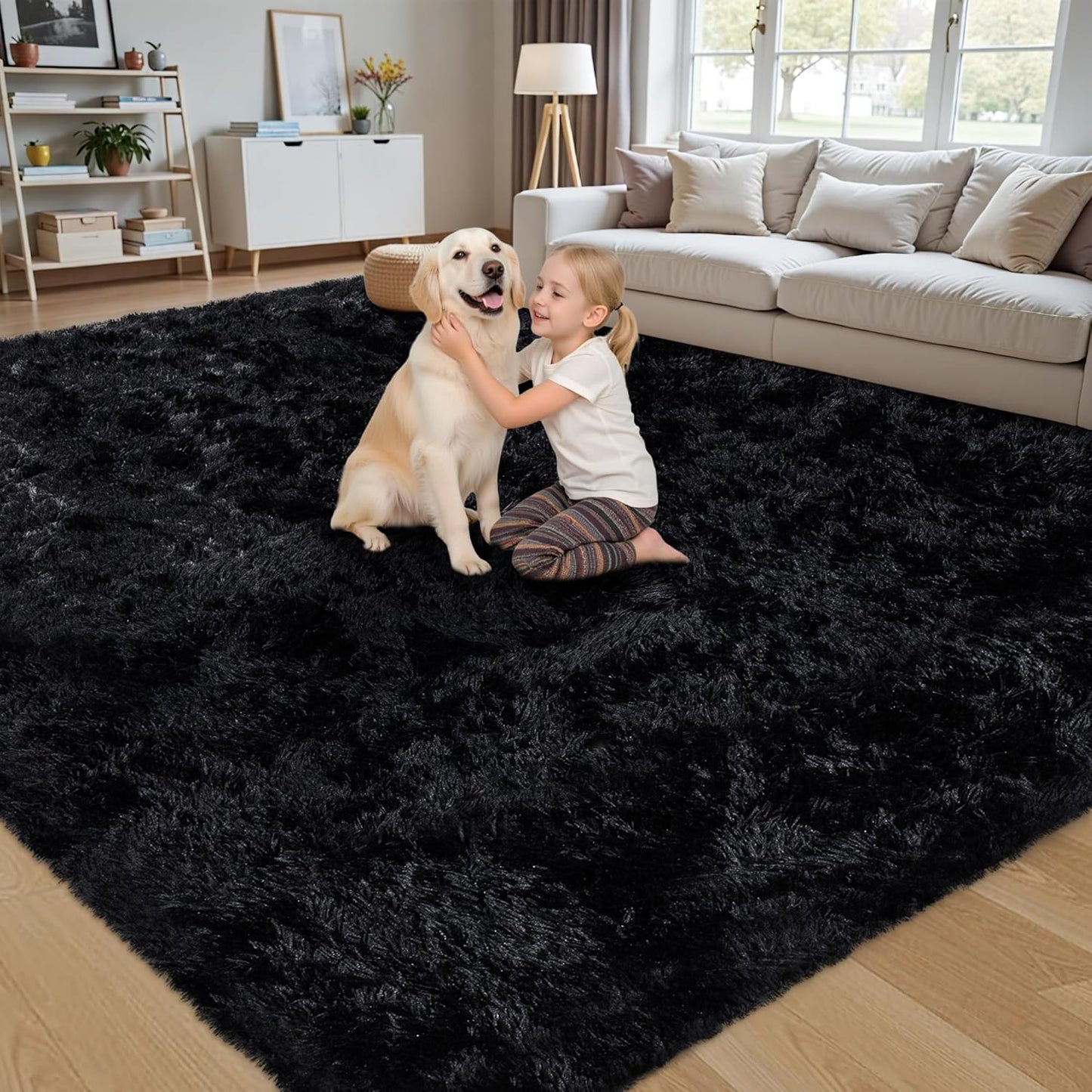 8x10 Area Rug for Living Room:Ultra Soft Fluffy Shag Black Rugs,Large Fuzzy Plush Indoor Non Slip Carpet Washable Rug for Bedroom Kids Nursery Office Dorm Modern Decor(Black)