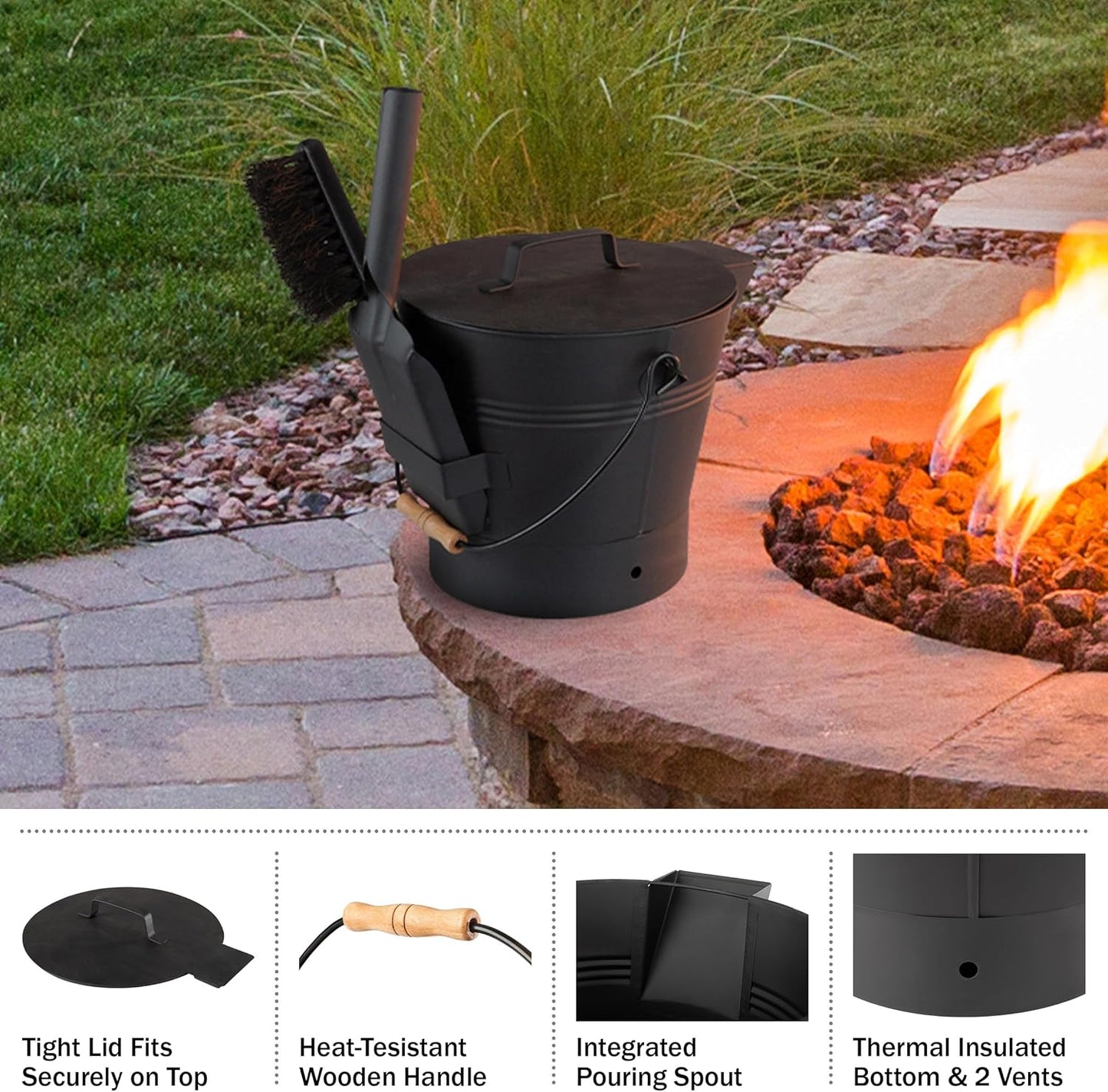 Pure Garden Ash Bucket - Metal Bucket with Lid (2.11-Gallon), Broom, and Shovel for Fireplace or Firepit Ashes - Fireplace Tools (Black) - 1 Count