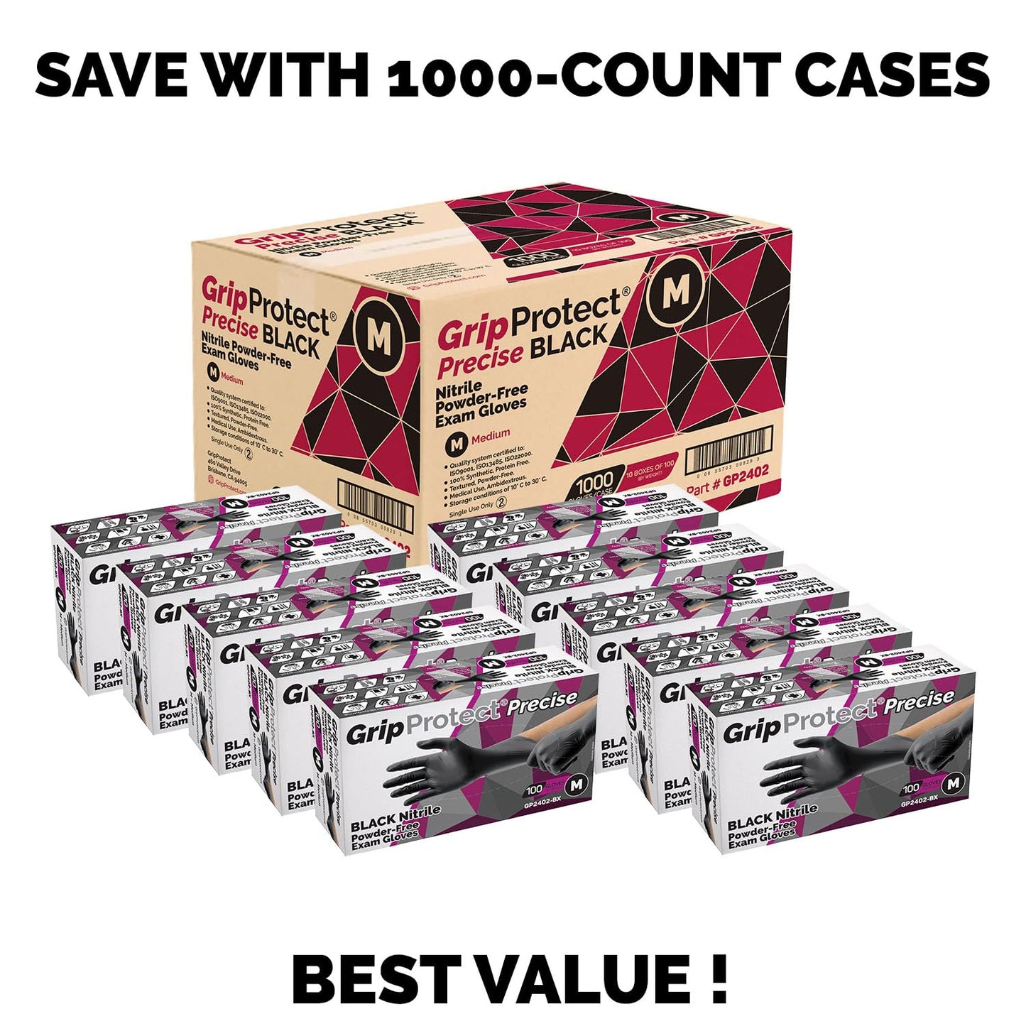 GripProtect® Precise Black Nitrile Gloves, Exam, 4 Mil, Food, Home, Cleaning, Medical/Dental, Tattoo (Large, 100)