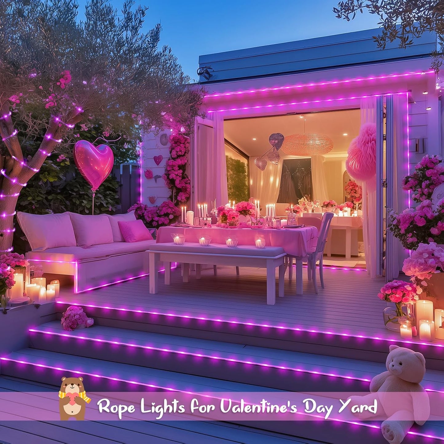 JMEXSUSS Valentine Solar Rope Lights,2 Pack 100 LED 33ft 8 Modes Solar Rope Lights Outdoor Waterproof LED Pink Fairy Lights for Valentine's Day Tent Gazebo, Trampoline, Walkway, Pool