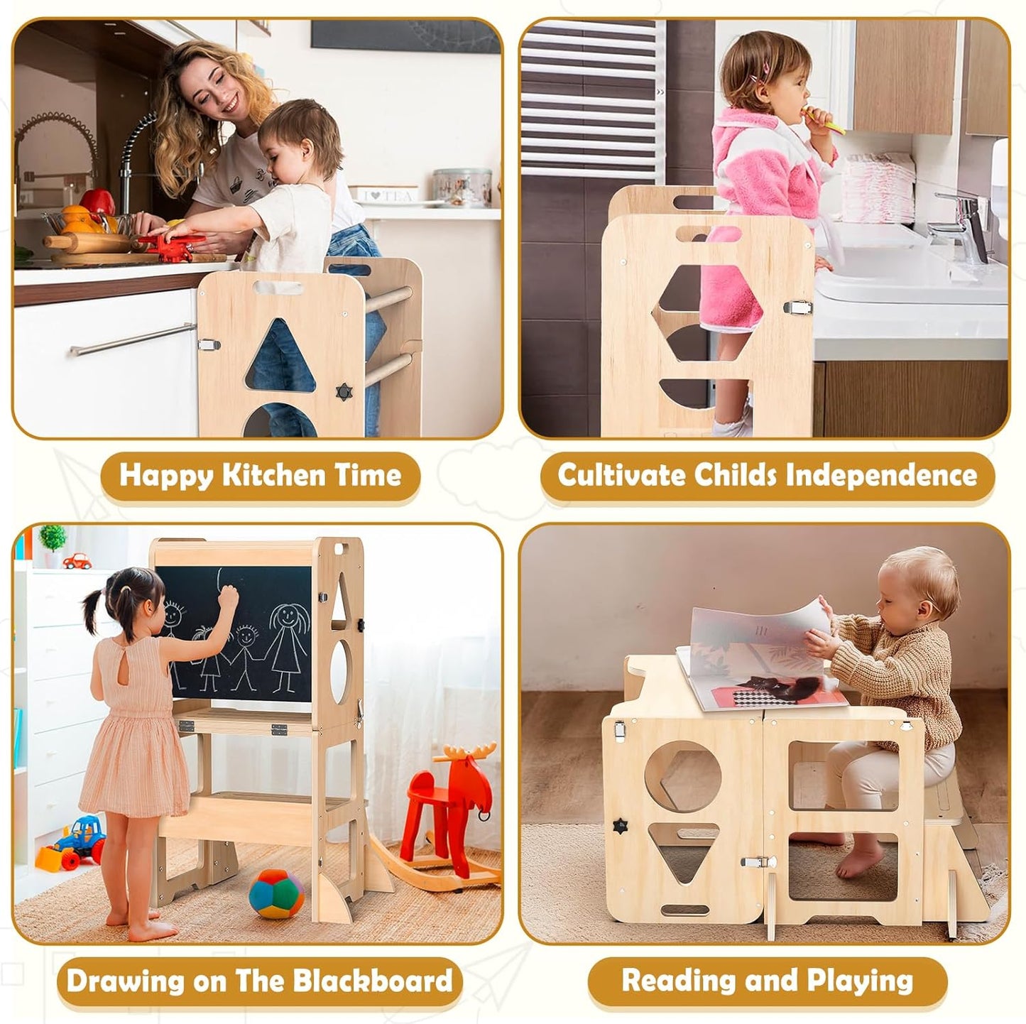 4-in-1 Toddler Kitchen Step Stool, Foldable Learning Standing Tower wi