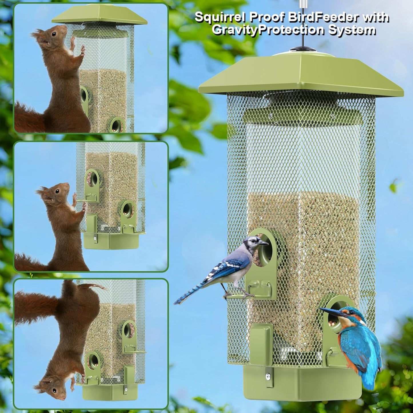 Bird Feeders Squirrel Proof with Weight Activated Perches, Metal Mesh Bird Feeder for Outdoors,Cardinal Hanging Wild Bird Feeder 2.2lbs Seed Capacity for Finch Chickadee Sparrow...