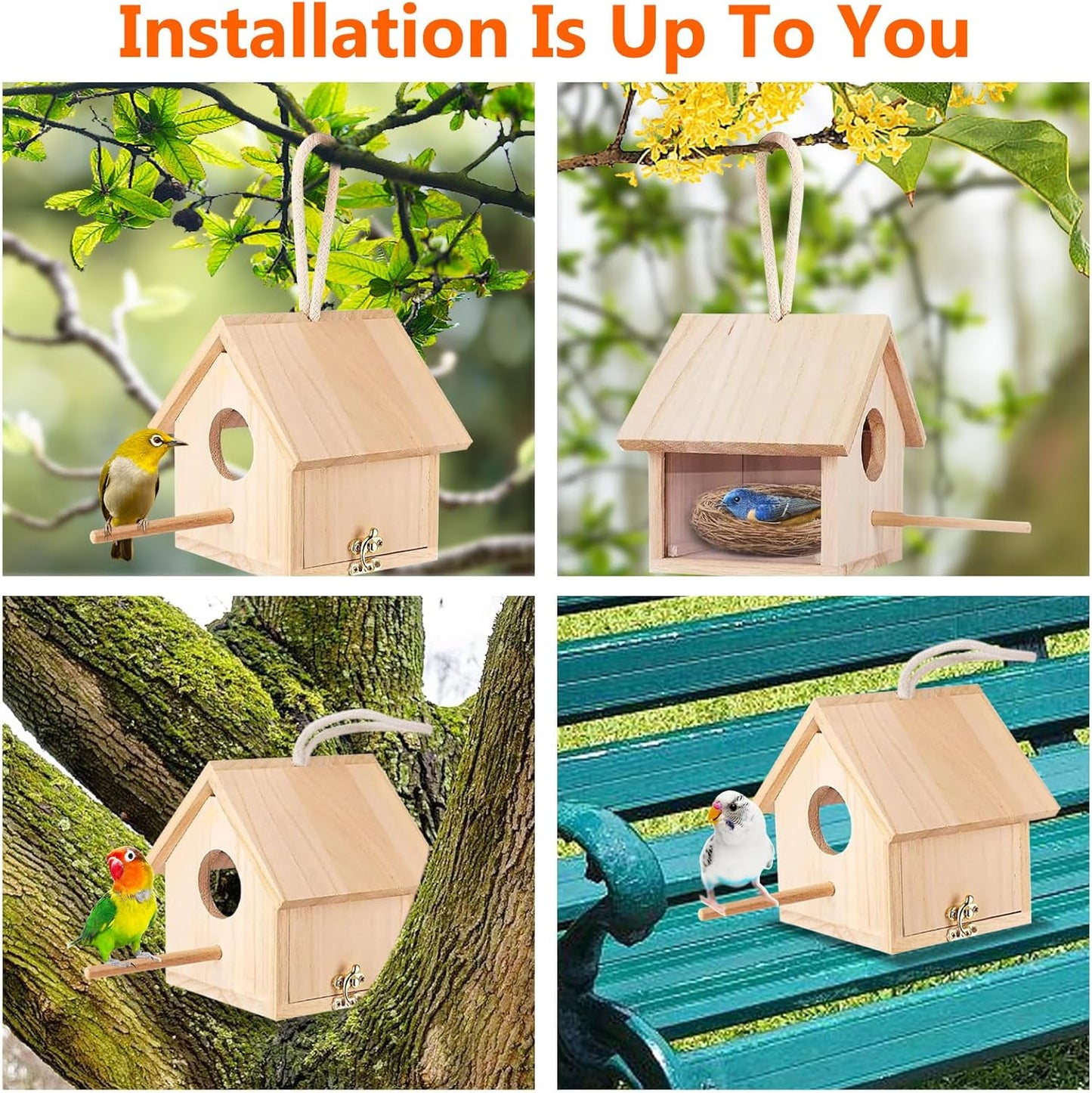 Tfwadmx Wooden Bird House Transparent Outdoor Bird House Hanging Nests Box Garden Patio DIY Decorative for Wren Swallow Sparrow Hummingbird Finch Throstle