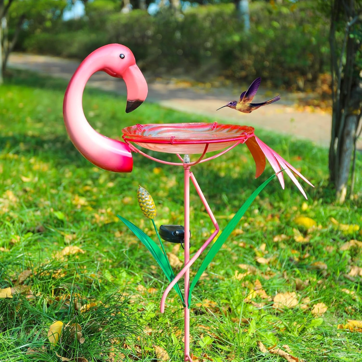 MUMTOP Flamingo Bird Bath with Solar Lights, Glass Birdbaths Birdfeeder Bowl with Metal Stake and Flamingo Decorations for Outside Garden Yard Lawn Outdoor