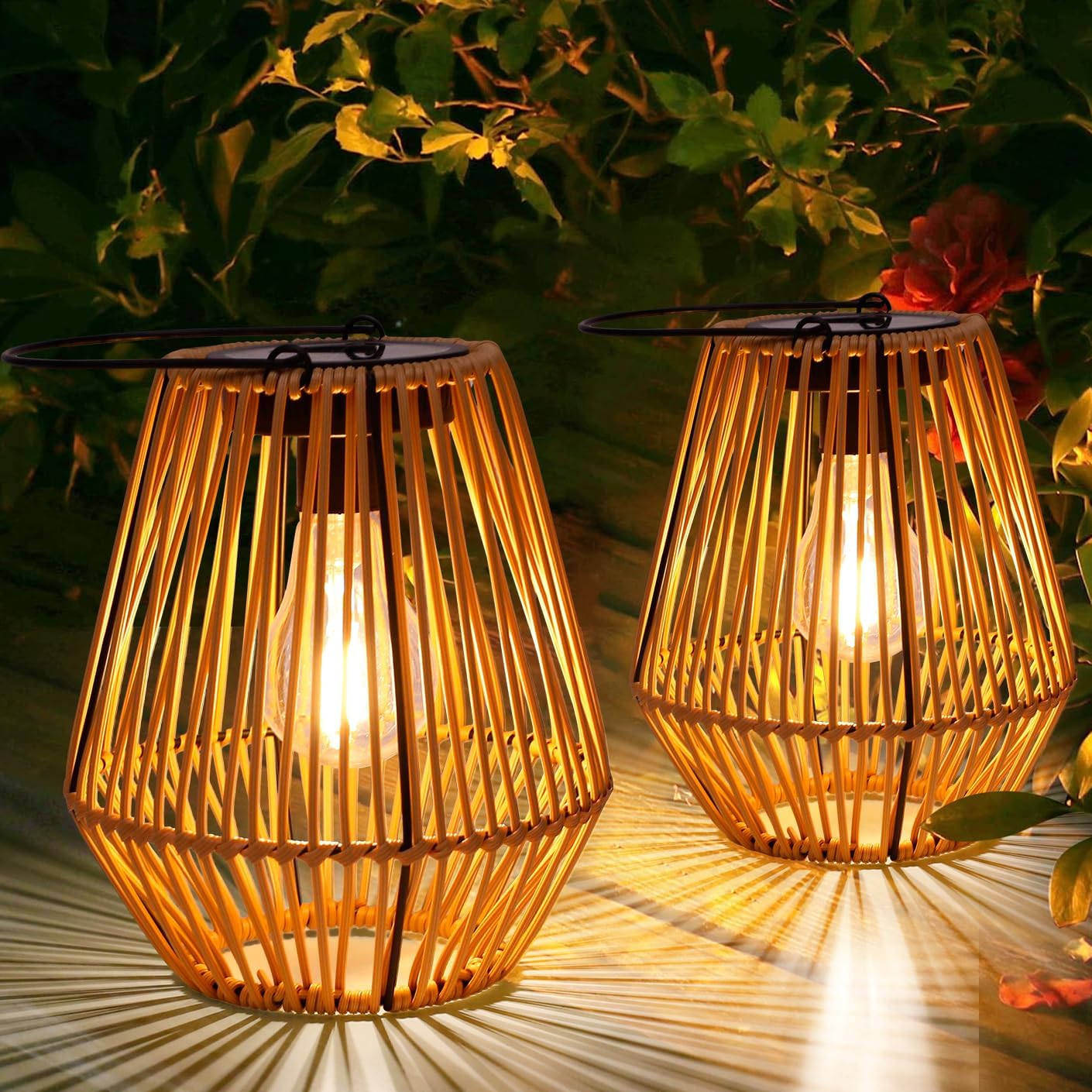 Solar Lantern,2 Pack Solar Wicker Lanterns Outdoor Waterproof Boho Lights for Outside Hanging Rattan Lights Outdoor Patio Lanterns Decoration for Garden,Yard,Porch,Trees,Lawn,Pathway