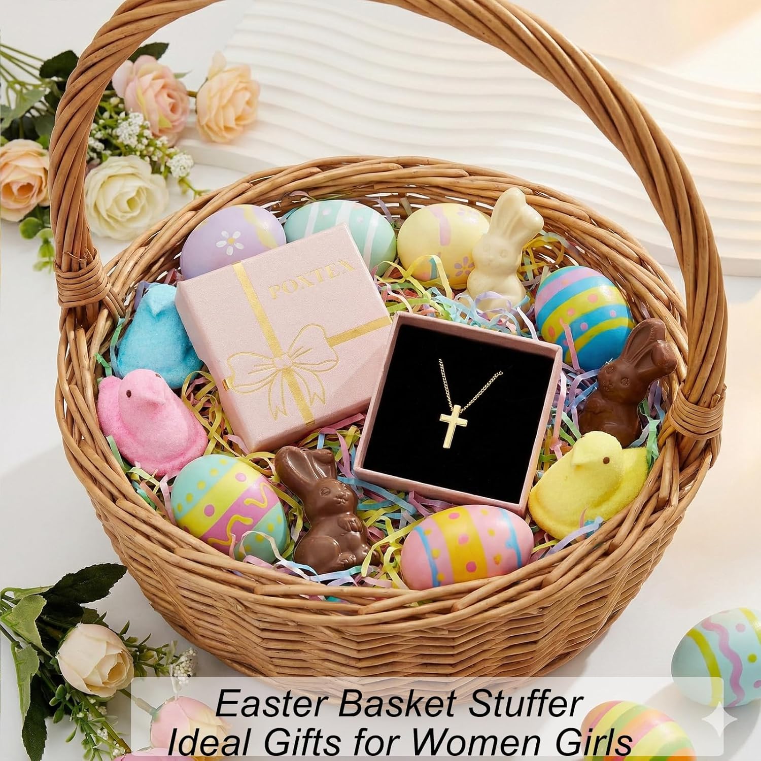 Easter Basket Stuffer Cross Necklace for Women Girls, Dainty 14K Gold 
