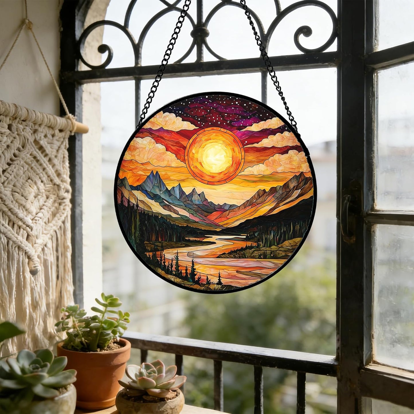 Stained Glass Window Hanging, Dusk Sunset Landscape Sun Catchers Glass Panel Lakes and Mountains Suncatcher Decor for Birthday for Women, Men, Wife, Aunt, and Mom 7.8 in