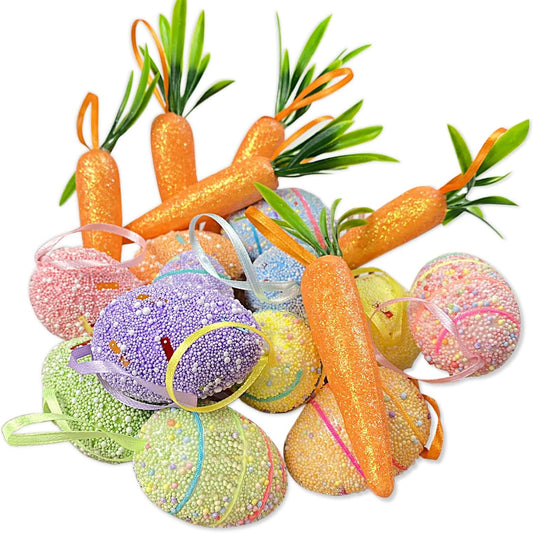 18PCS Easter Egg Ornaments and Carrot Hanging Ornaments Colorful Foam Hanging Egg Ornaments Foam Glitter Artificial Carrots Easter Tree Decorations Home Party DIY Crafts