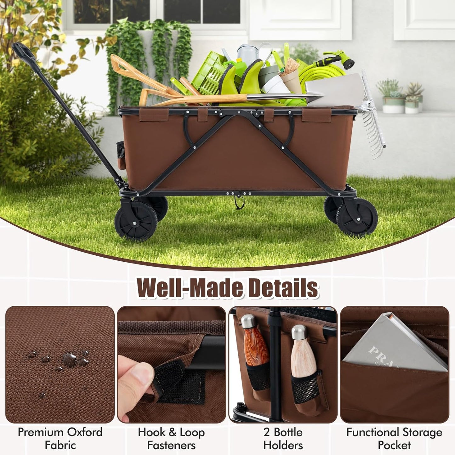 GYMAX Collapsible Wagon Cart Heavy Duty, Beach Wagon with Adjustable Handlebar, Bottle Holders & All-Terrain Wheels, Utility Wagon Foldable for Camping, Shopping, Garden, Sports (Brown)