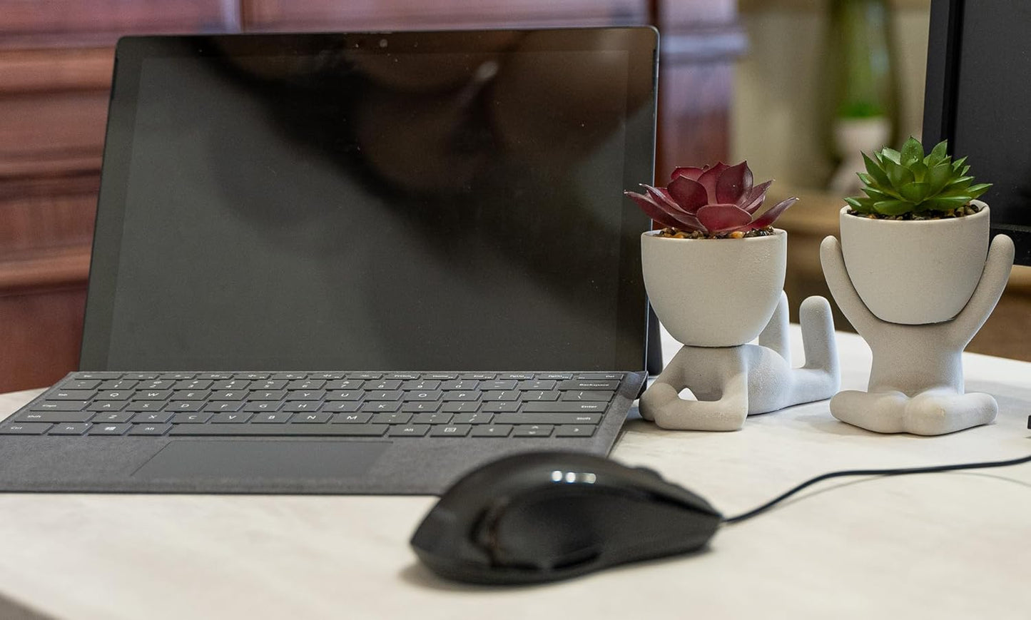 4 PCS Mini Ceramic Human Shaped Potted Artificial Succulent Plants Matte Gray for Home Office Desk Farmhouse Room Decor.
