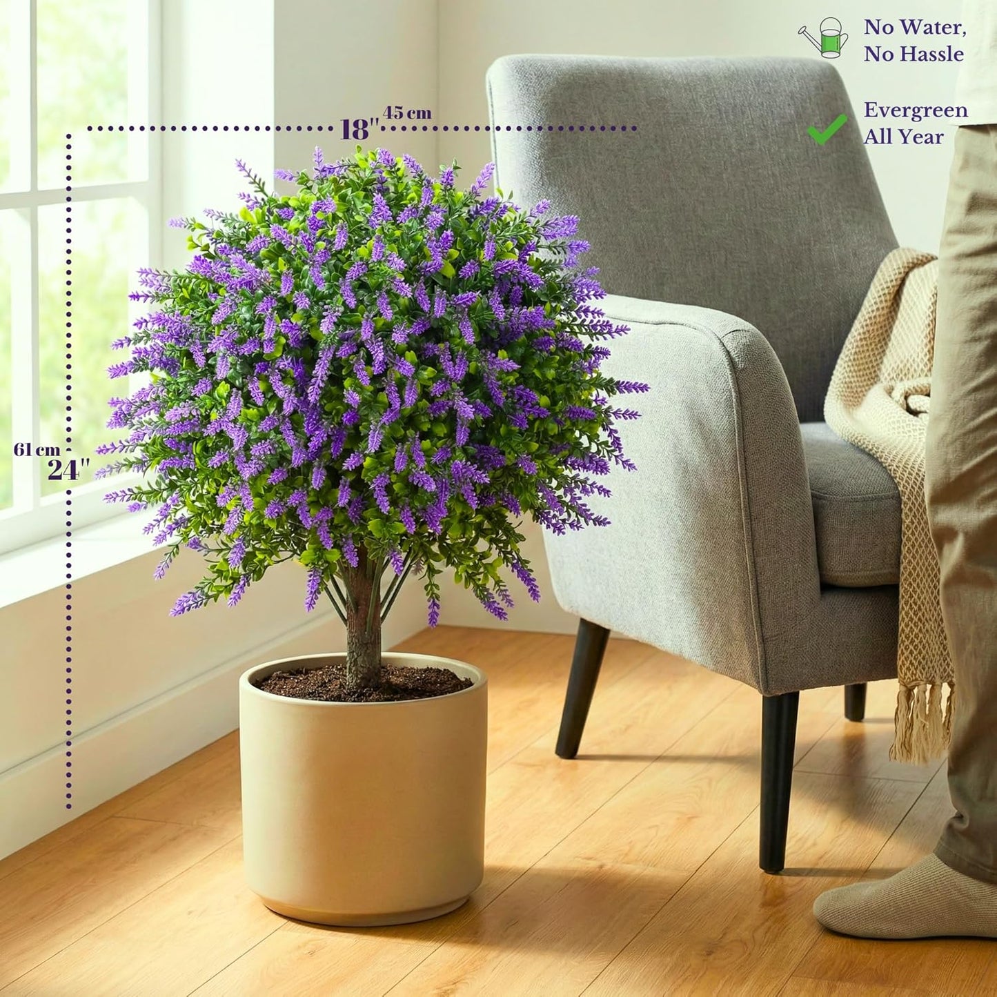 Artificial Boxwood Topiary Balls with Lavender – 24" Set of 2 Faux Shrub Bushes, Evergreen Trees with Ground Spike & Garden Tools – UV Resistant Faux Plants for Outdoor Planters, Porch & Front Door