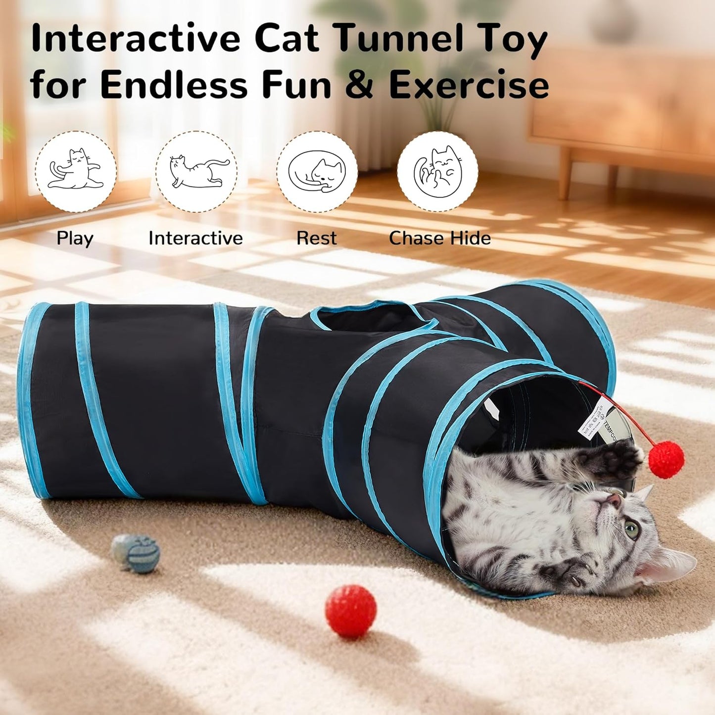 Tempcore Pet Cat Tunnel Tube Cat Toys 3 Way Collapsible, Tunnels for I