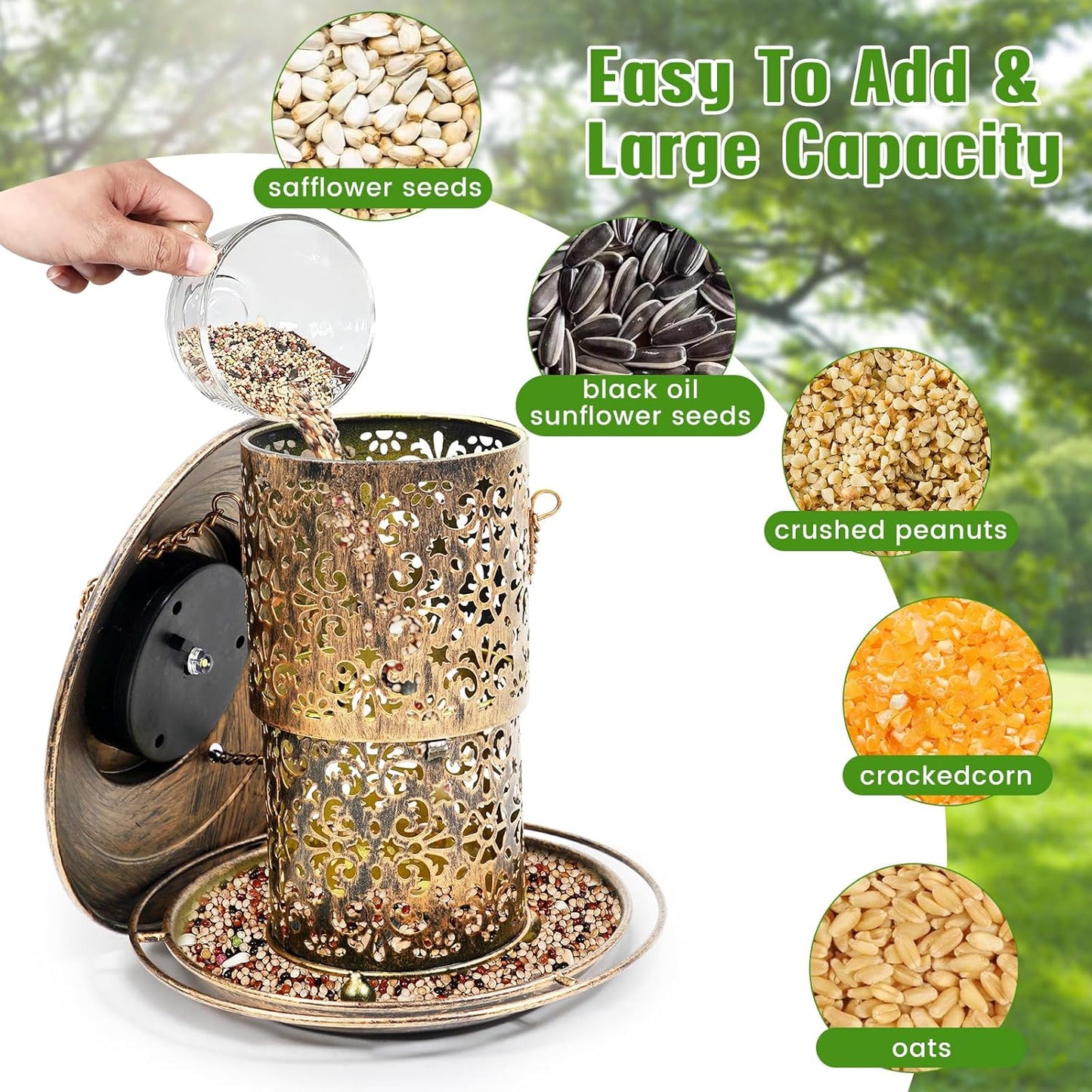 Metal Bird Feeder for Outdoor Hanging, Large Capacity Solar Wild Bird Feeder with Drainage Holes,Landing Ring, Solar Lanterns for Garden Decoration, Unique Bird Watching Gift for Outside