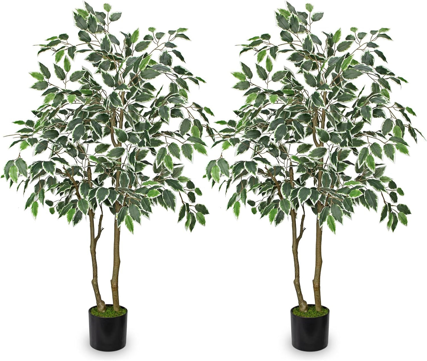 2 Pack Artificial Ficus Tree 4ft Silk Fake Ficus Leaves Plant 120cm Potted Faux Ficus Tree with Decorative Moss Dual Trunks Indoor Outdoor Big Fake Plants with Pot for Home Garden Office Livingroom