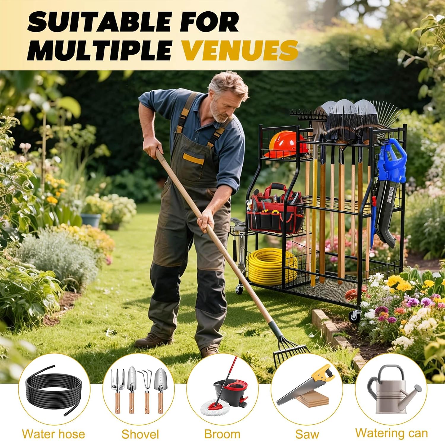 Garden Tool Organizer Rolling Cart Large Capacity Rust-Resistant Metal