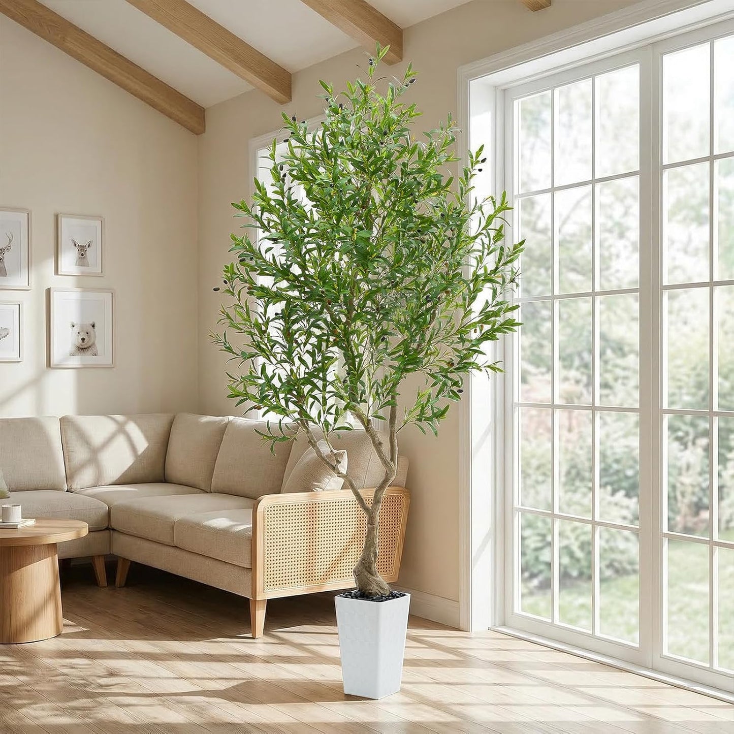 Artificial Olive Tree, 8FT Tall Faux Olive Trees with White Tall Planter & Pebbles, Fake Silk Plant with Natural Trunk & Lifelike Fruits, Fake Tree for Home Office Living Room Indoor Outdoor Decor